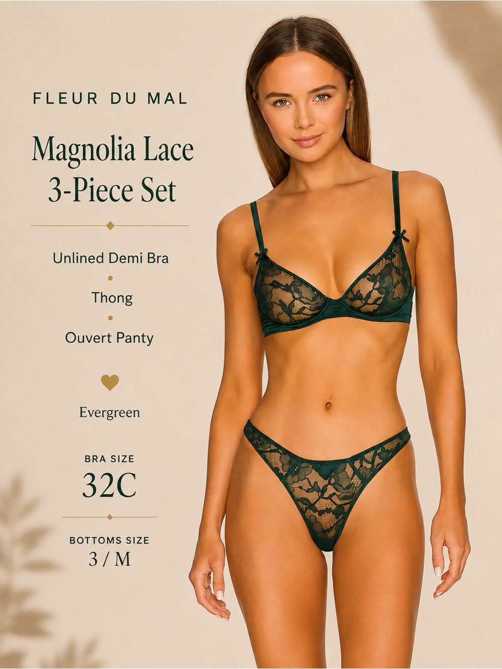 Fleur du Mal Evergreen Magnolia Lace 3-Piece Set - Deep Green Lace
